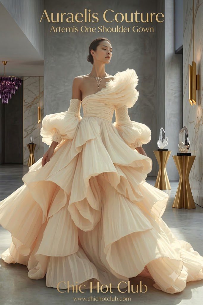 Auraelis Couture Artemis One Shoulder Gown l authentic luxury fashion market- Art of the curated collection- Chichotclub