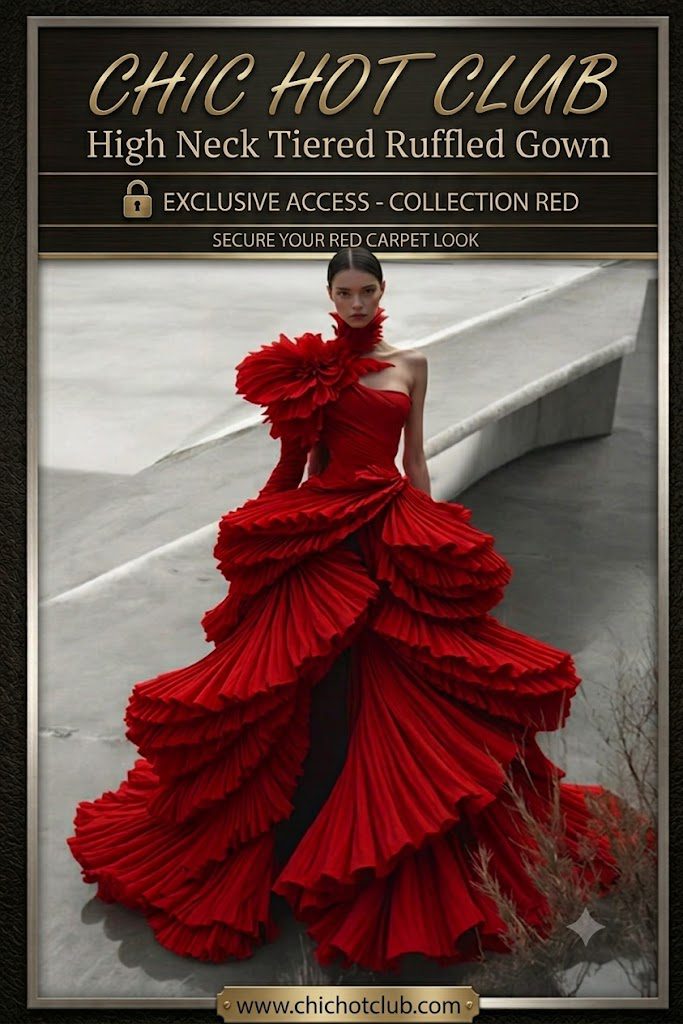 luxury lifestyle digital magazine  l Auraelis CoutureHigh Neck Tiered Ruffled Gown- Luxury Fashion Discounts- Chichotclub