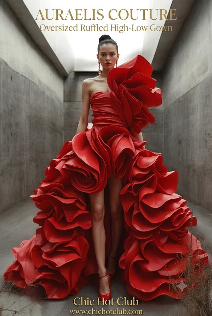 Auraelis CoutureOversized Ruffled High-Low Gown l exclusive high end fashion club- Luxury Watch Collection- Chichotclub